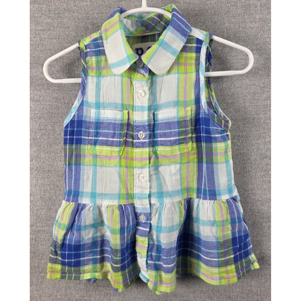 P.S. Aeropostale Girls 4T Tiered Collared Tank Shirt Ruffle Button Up Blue Green